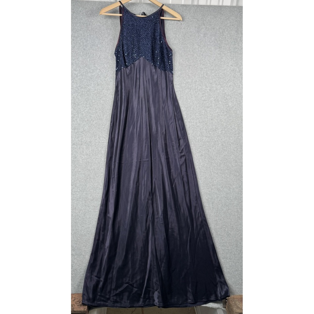 VTG Steppin Out Dress Womens 11/12 Navy Blue Maxi Sequined Y2K Open Back Satin